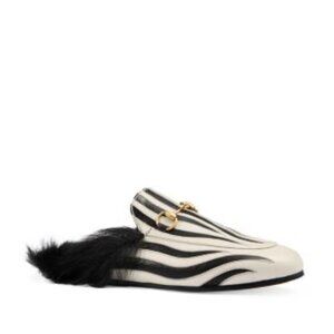 Gucci Women's Princetown Leather and Lamb Fur Zebra Mules